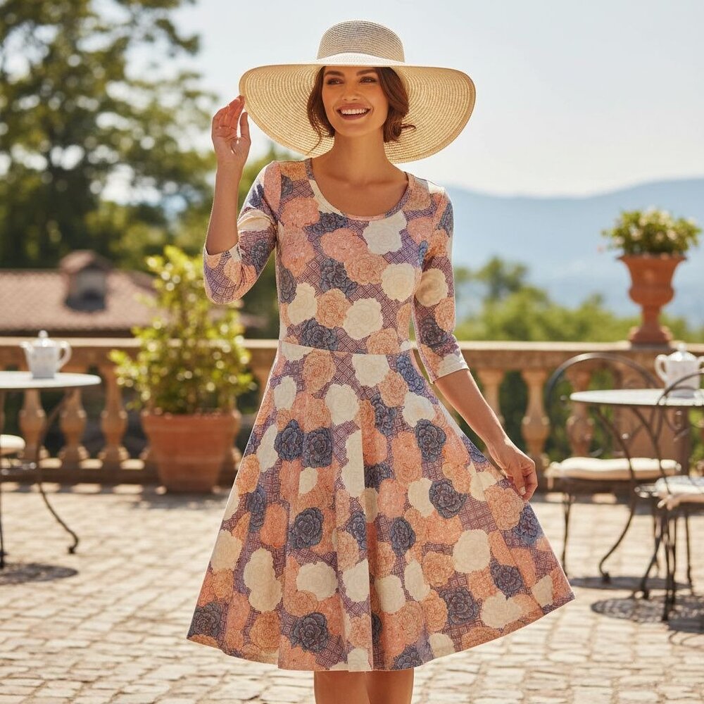 LuLaRoe XS Floral Fit & Flare Dress With Scoop Neck & Elbow-Length Sleeves Peach